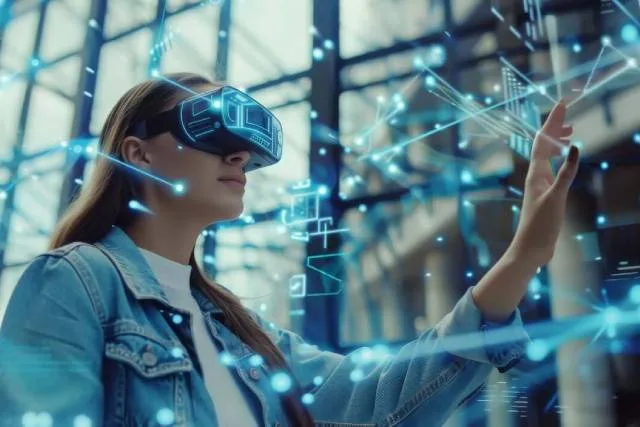 A woman in a virtual-reality headset reaching towards a glowing network of blue nodes